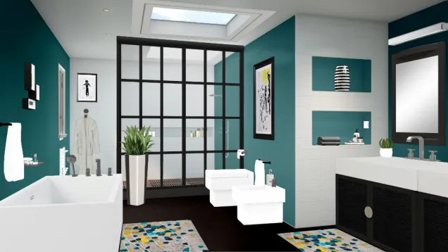 White, Dark Turquoise And Black Bathroom