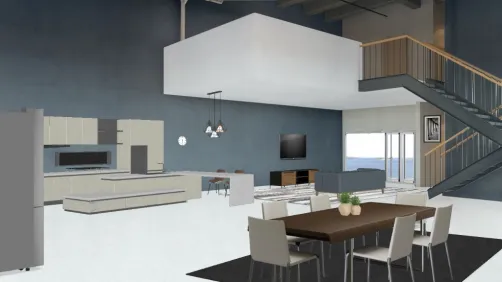 Cozinha e sala de estar minimalista