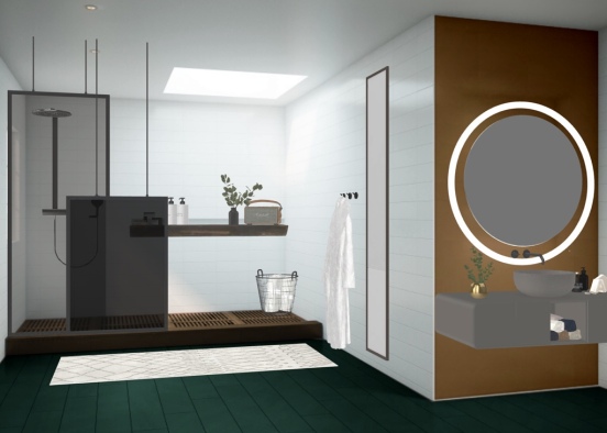 Earthy bathroom with hanging shower door feature Design Rendering