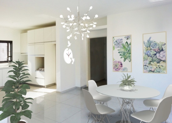 White Dining Room And Kitchen Design Rendering