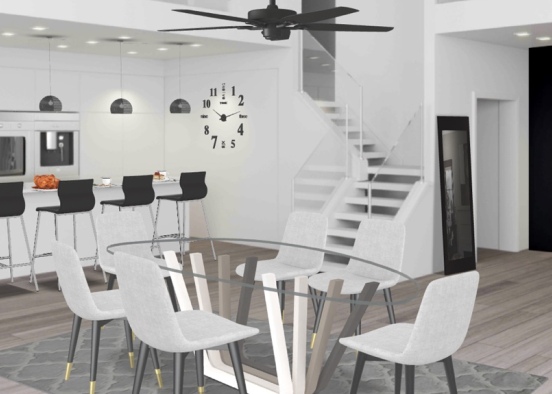 Black and white kitchen and dining space Design Rendering
