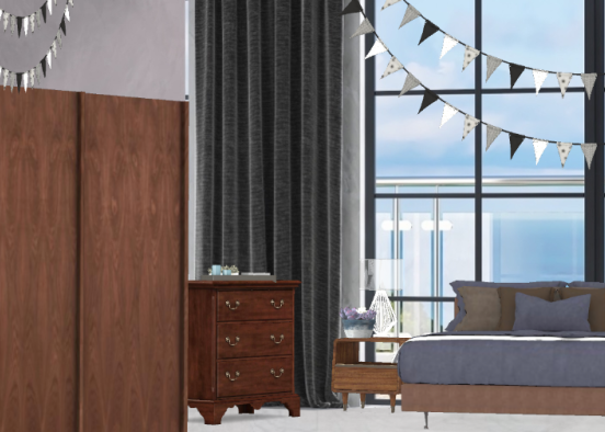 Dark wood and grey bedroom  Design Rendering