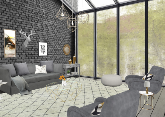 Sala de estar moderna, con colores grises, dorados y blancos Design Rendering