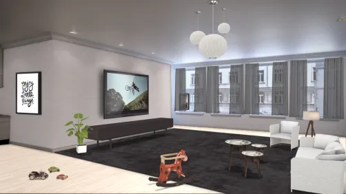 Sala de estar minimalista. Casal de 40 e 50 anos que gosta de esportes radicais e têm filhos de 2 e 5. 