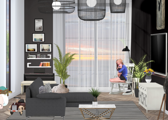 cozy black & white Living Room for a family Design Rendering
