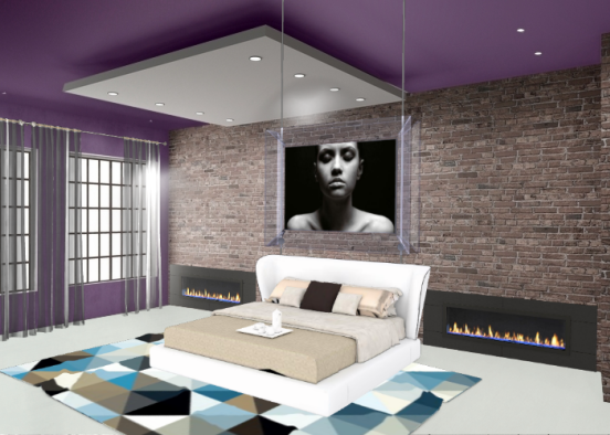 Purple meets brick bedroom Design Rendering