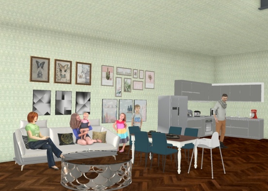 a family in the living and kitchen and dining room Design Rendering