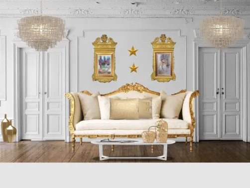 Sala de espera dorada con aires victorianos