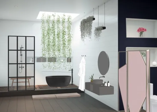 Connected to Nature: A Zen Bathroom with Plants and a Skylight Design Rendering