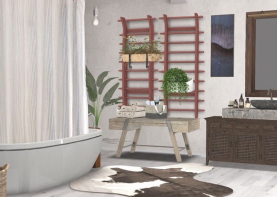 baño de apartamento, un toque de plantas conjunto con muebles de madera  Design Rendering