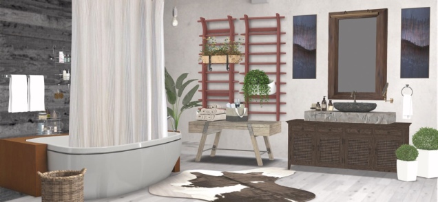 baño de apartamento, un toque de plantas conjunto con muebles de madera 
