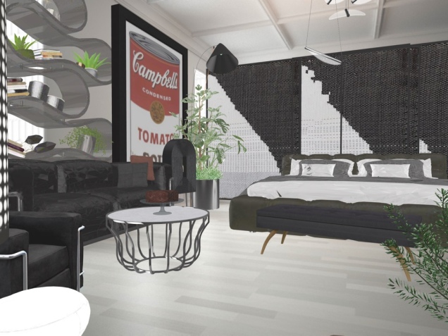 Bauhaus style black and white bedroom 
