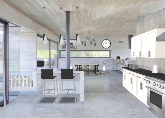 Black and White Kitchen and Dining Design Rendering