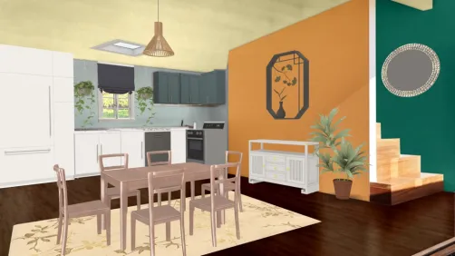 modern French kitchen, dining room.