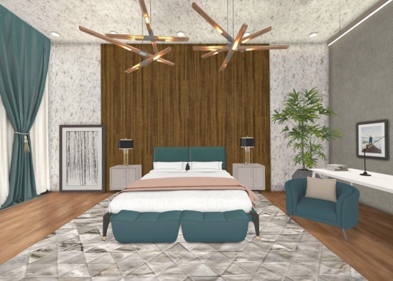 modern chic, minimal with lighting as art and a statement wood headboard Design Rendering