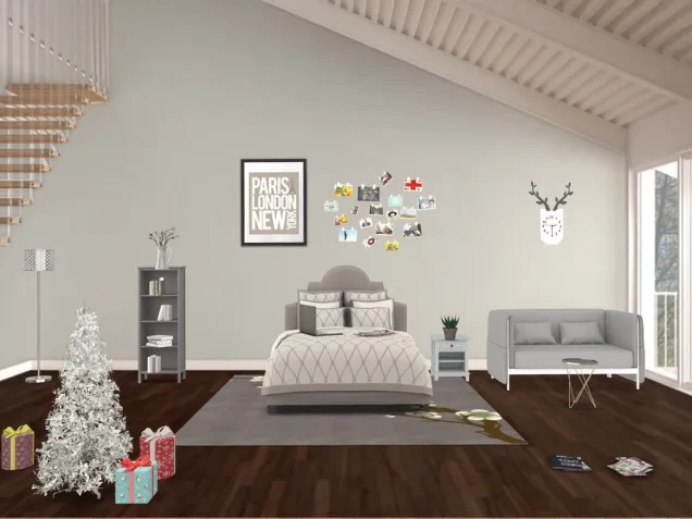  Cute gray themed room with Christmas Tree