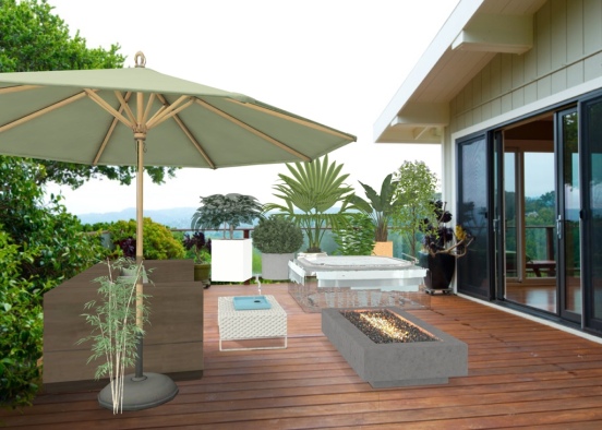 plant filled balcony with comfortable seating spa and fireplace  Design Rendering
