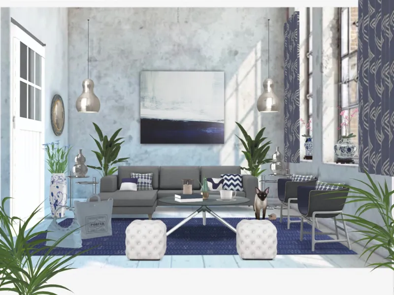 Coastal living room with aqua tile backsplash, rattan chairs, and cerulean throw pillows