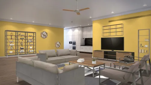 industrial living area. with accents of yellow, gray and wood. and ferns to spruce up the mood. 