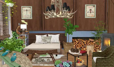 Habitación con componentes naturales, madera, plantas junco,flores, mimbre, texturas muy amables con la naturaleza, que aportan serenidad y relajación