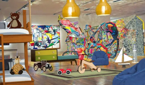 Cuarto de niños con obras de Luis Felipe Noé