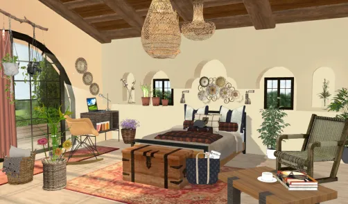 Dormitorio moderno y bohemio