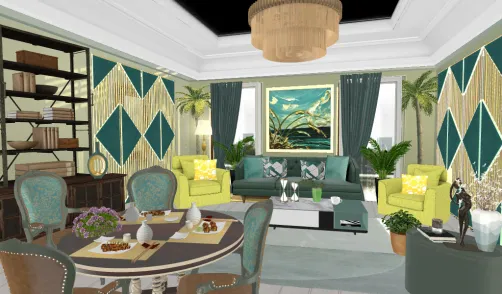 Sala de estar y comedor en tonos verdes