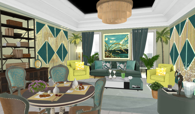 Sala de estar y comedor en tonos verdes