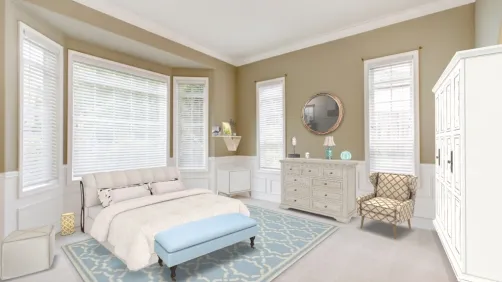 chambre beiges avec des touches bleues 