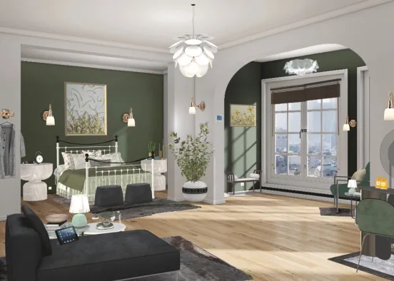 Bedroom in Green, White and Black 💚🤍🖤 Design Rendering