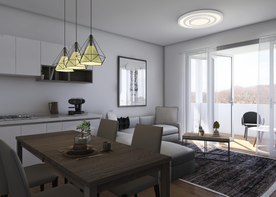 Living room with Nordic style kitchenette Design Rendering