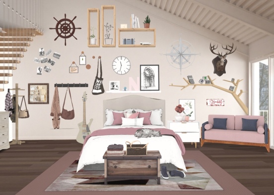 brown, dusty rose, pink, khaki teen girls bedroom Design Rendering