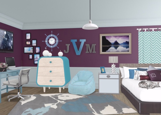 Teen Girl Violet and Blue Bedroom Design Rendering