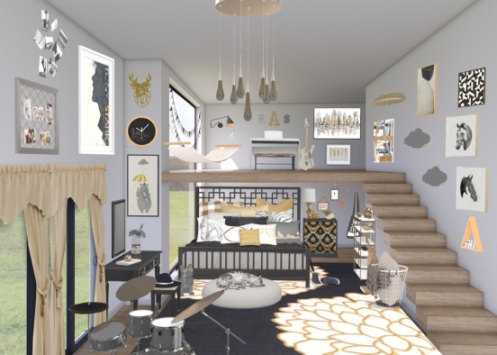 black, gold, grey, white bedroom Design Rendering