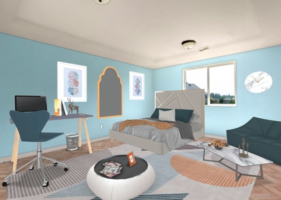 teal, light blue, gray, orange bedroom Design Rendering