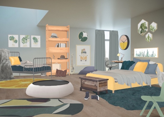 green, teal, yellow bedroom Design Rendering