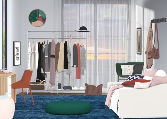 green, teal, khaki, pink, orangey red, navy bedroom :) Design Rendering
