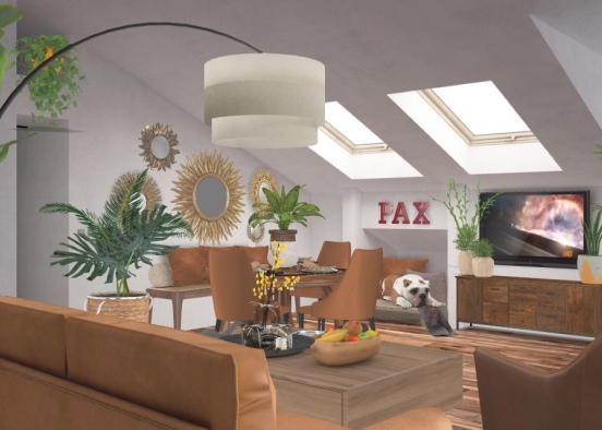 Small Apartment Dining and Livingroom space+ a sleeping place for Pax the dog! A little touch of boho themed Style. Very simple and minimal interior Design Rendering