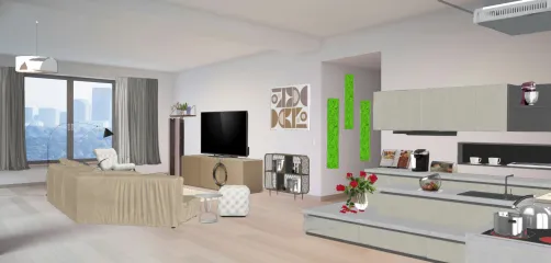 Cozinha e sala de apartamento  simples.