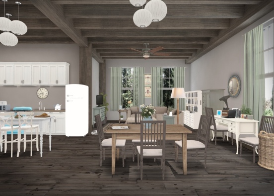 Hipster Rustic Living Area, Kitchen and Dining Room Design Rendering