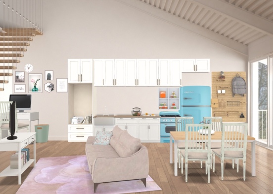 Pastel Living, Kitchen, Dining and Office Space Design Rendering