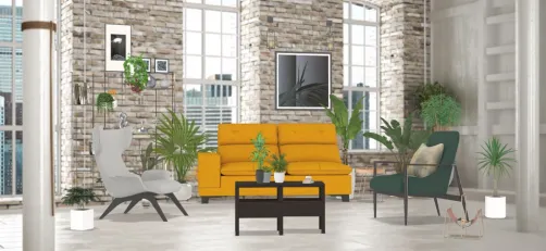 green living room with yellow light