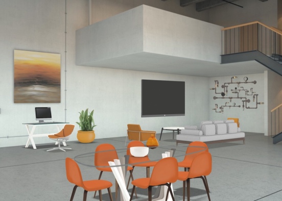 orange office+dining+living room Design Rendering