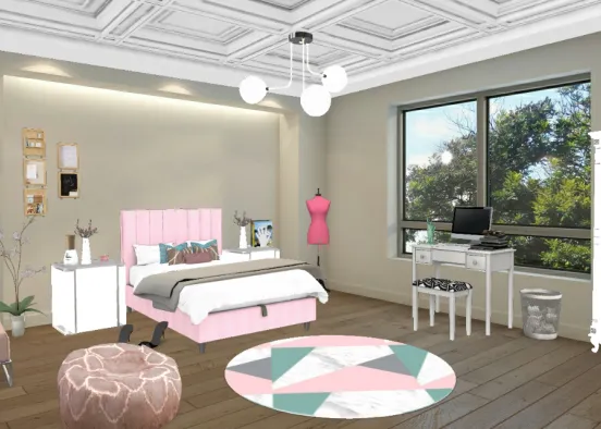 Cette pièce est une chambre d'ado ou d'adulte très design avec pour thème principal le rose et le blanc. Design Rendering
