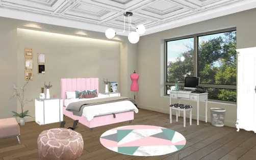 Cette pièce est une chambre d'ado ou d'adulte très design avec pour thème principal le rose et le blanc.