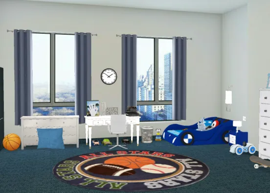 Petite chambre d'enfant thème bleu et blanc Design Rendering