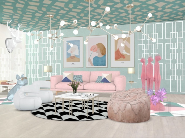 Bubble gum inspired living room. It is truly a pastel extravagance. Just added a monochromatic rug to break the monotony and give the room an added panache! Don’t miss the funky art pieces, gold tones and the ceiling wallpaper 