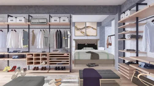 walk-in master closet and bedroom