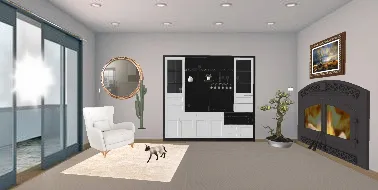 Minimalistic living room in black, beige and white...  Design Rendering
