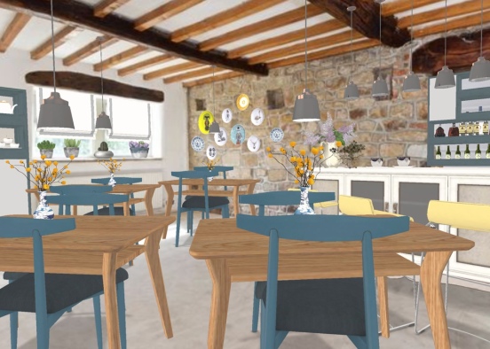 Un pequeño rústico café-bar con sillas azules.Mi estilo!🌺 Design Rendering